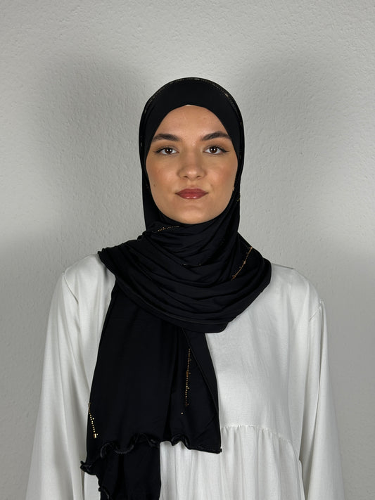 Premium Jersey Hijab Wellig Strass, Farbe Schwarz, Vorderseite